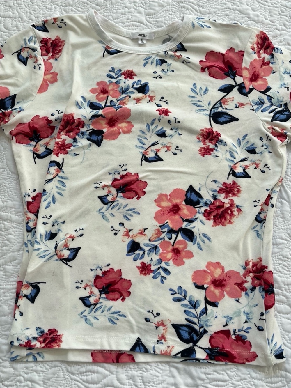 White Tee with Pink & Navy Floral Print